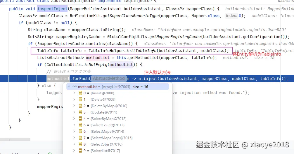 com.baomidou.mybatisplus.core.injector.AbstractSqlInjector#inspectInject